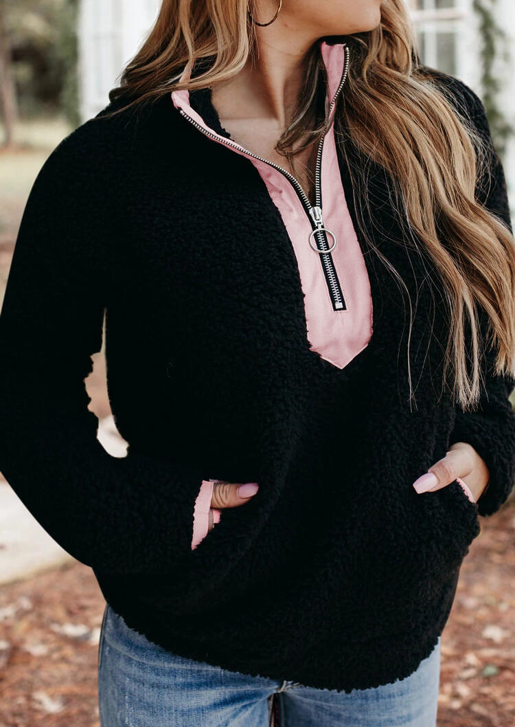 

Pocket Splicing Plush Zipper Collar Sweatshirt - Black, 489849