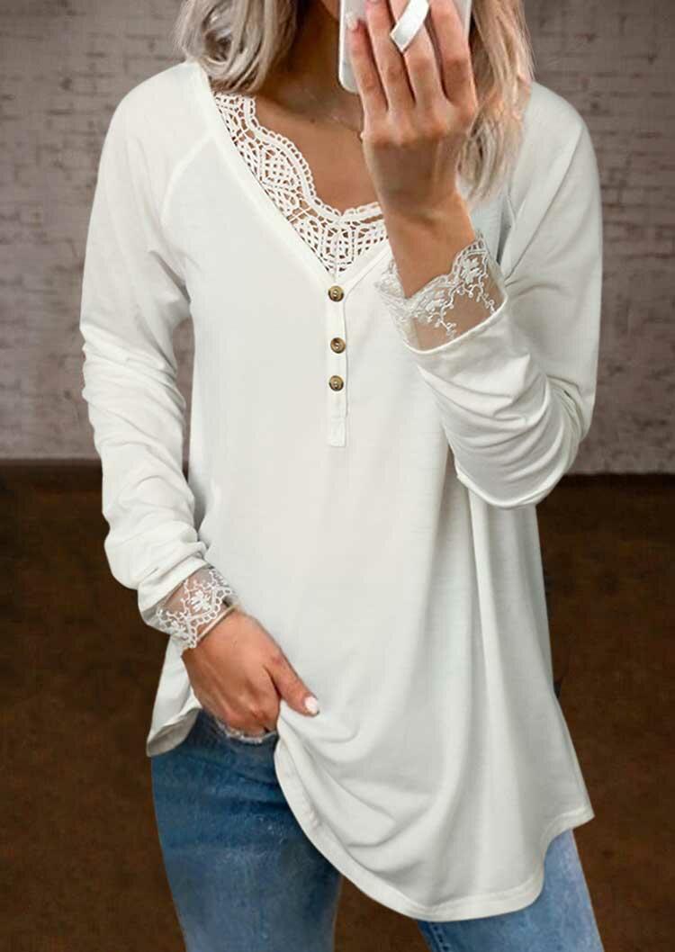 

Lace Splicing Button V-Neck Long Sleeve Blouse - White, 489985