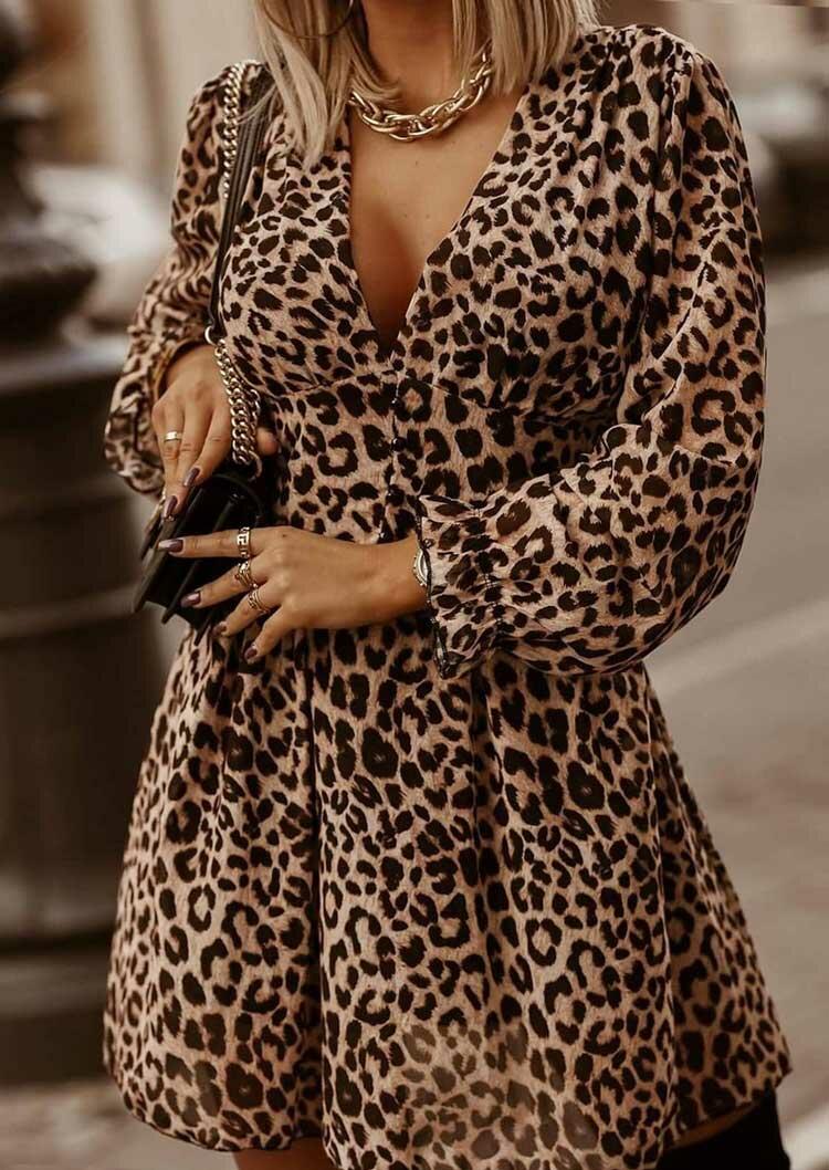 

Leopard Ruffled Elastic Cuff Button V-Neck Mini Dress, 489991