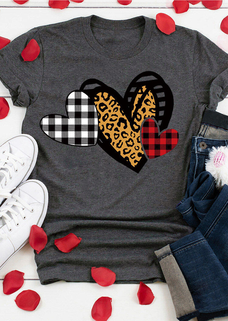 

Plaid Leopard Love Heart O-Neck T-Shirt Tee - Gray, 490023