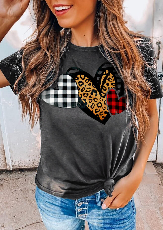 Buy Plaid Leopard Love Heart O-Neck T-Shirt Tee - Gray. Picture