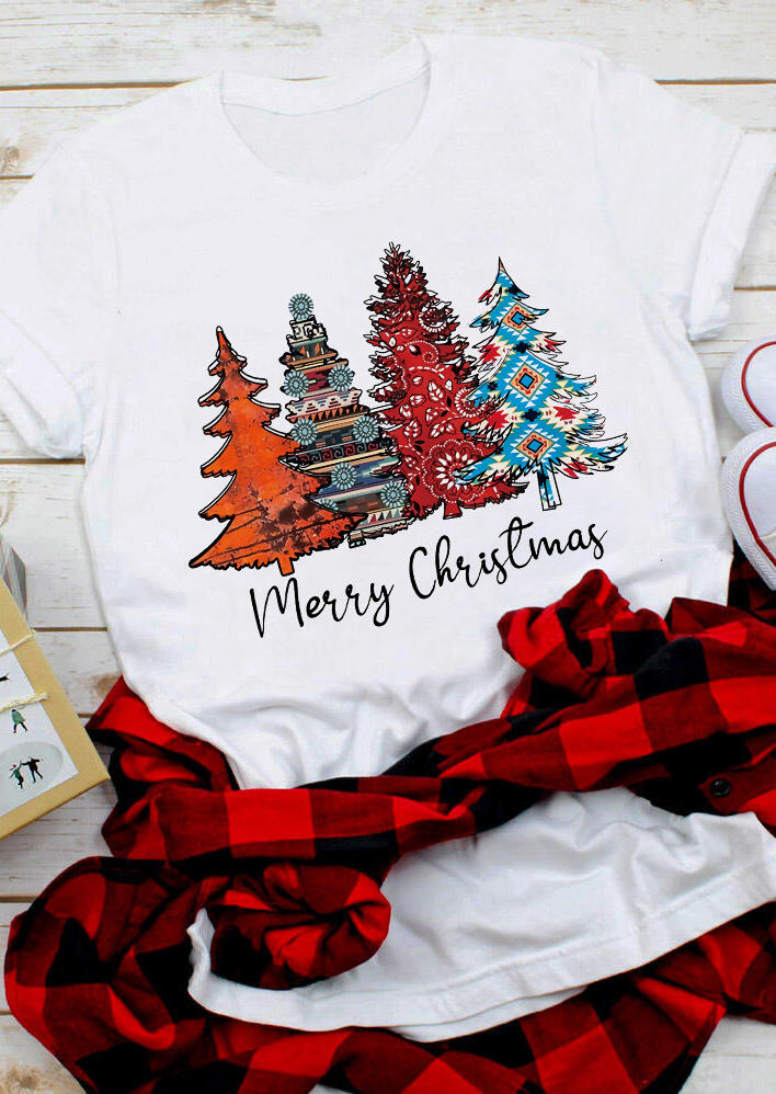 

Merry Christmas Aztec Geometric Tree T-Shirt Tee - White, 490026