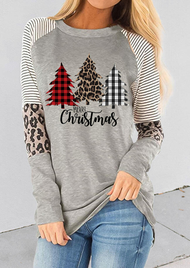 

Merry Christmas Tree Leopard Plaid Striped T-Shirt Tee - Gray, 490045