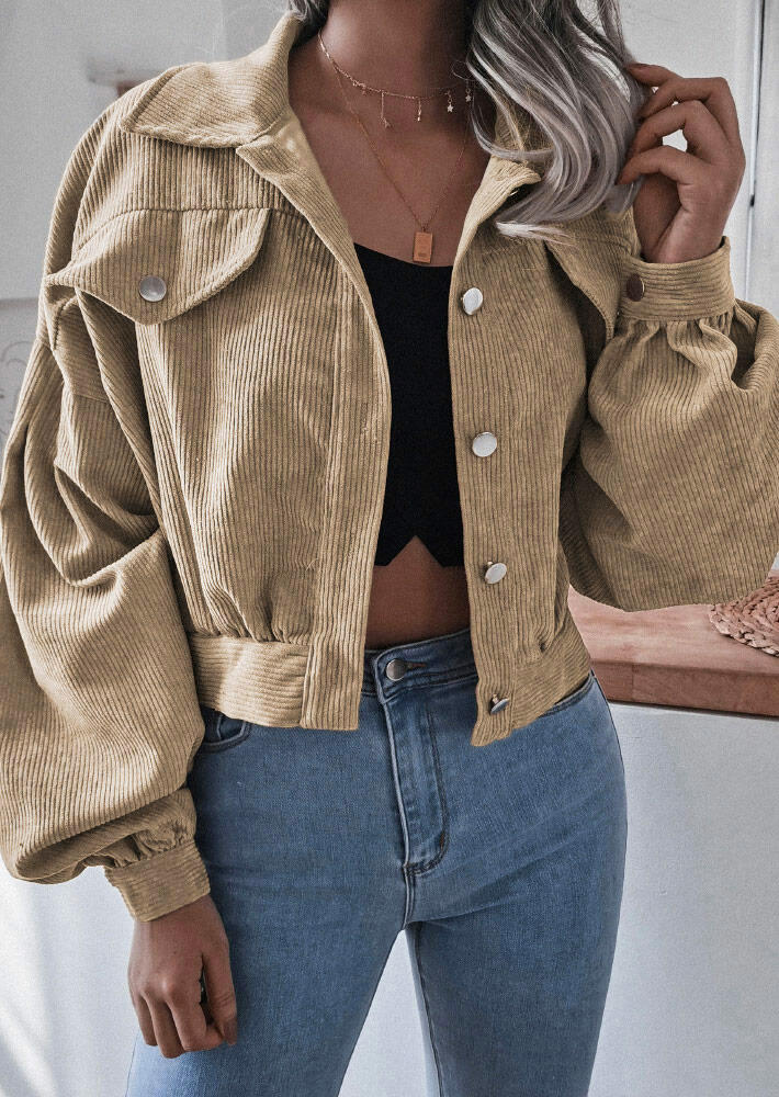 

Ruffled Button Lantern Sleeve Corduroy Jacket Coat - Khaki, 490048