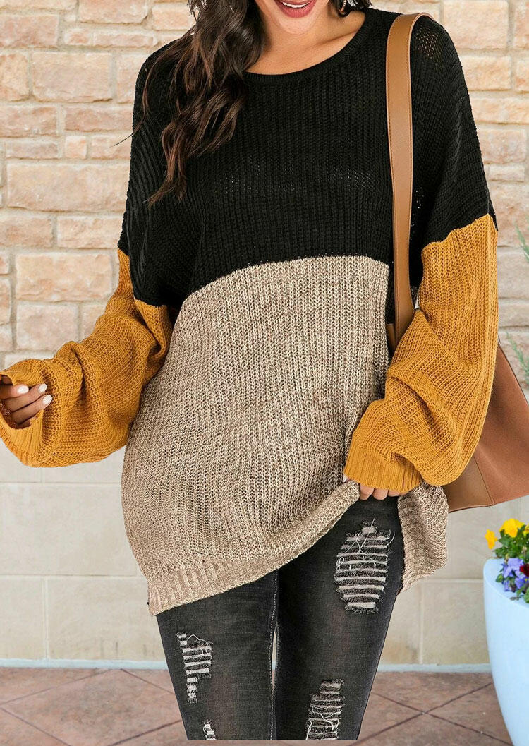 

Color Block O-Neck Long Sleeve Knitted Sweater - Black, 490063