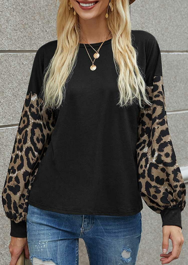 

Leopard Splicing Elastic Cuff O-Neck Blouse - Black, 490065