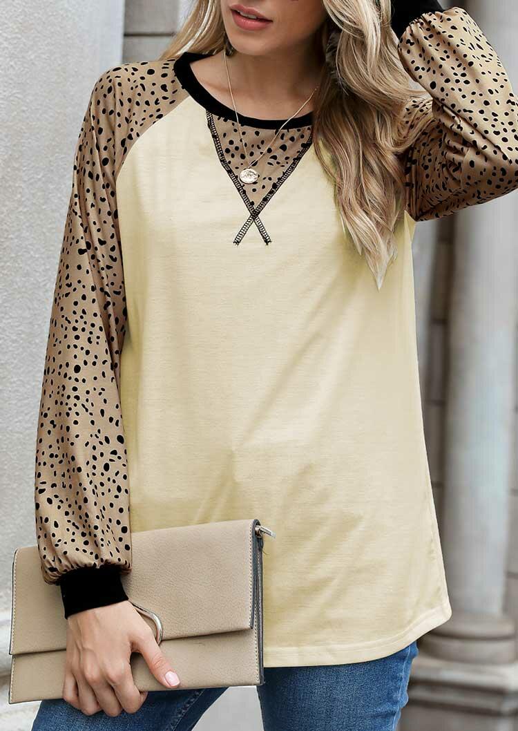 

Leopard Splicing O-Neck Raglan Sleeve Blouse - Apricot, 490069