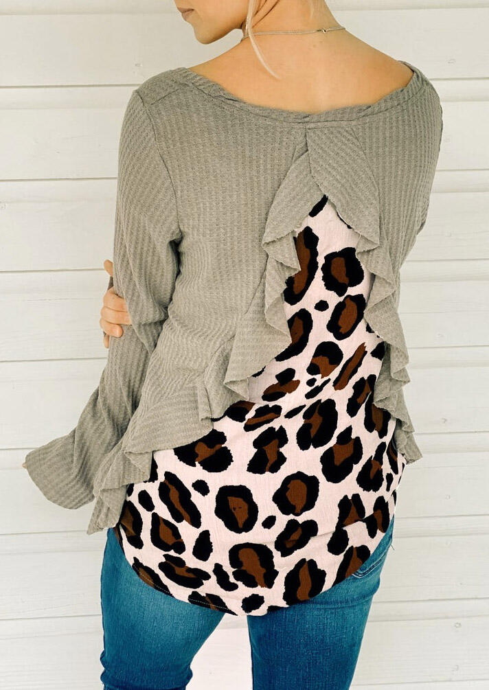 

Leopard Splicing Ruffled O-Neck Casual Blouse - Khaki, 490088