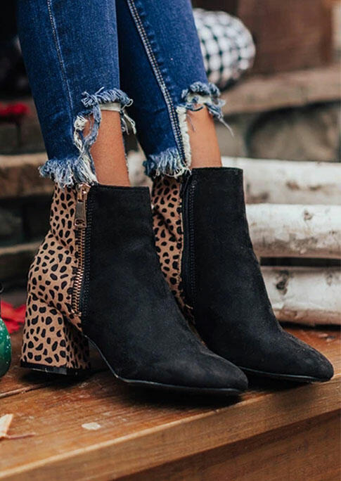 

Leopard Splicing Zipper Chunky Heel Ankle Boots - Black, 490094