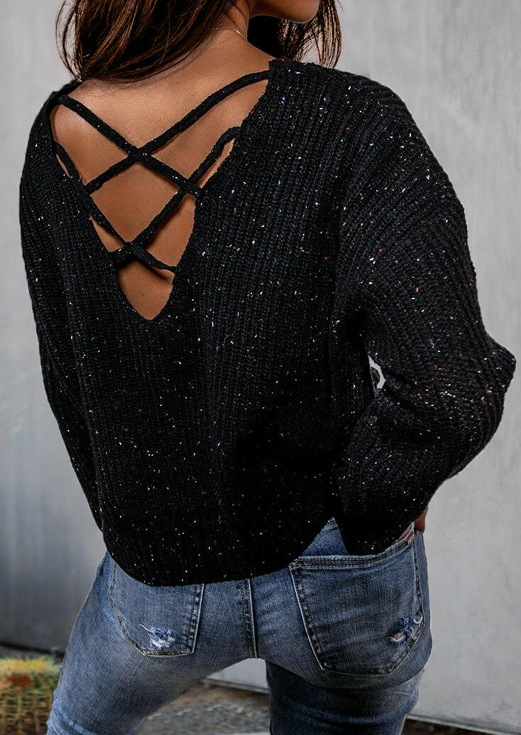 

Criss-Cross Drop Shoulder Confetti Knitted Sweater - Black, 490105