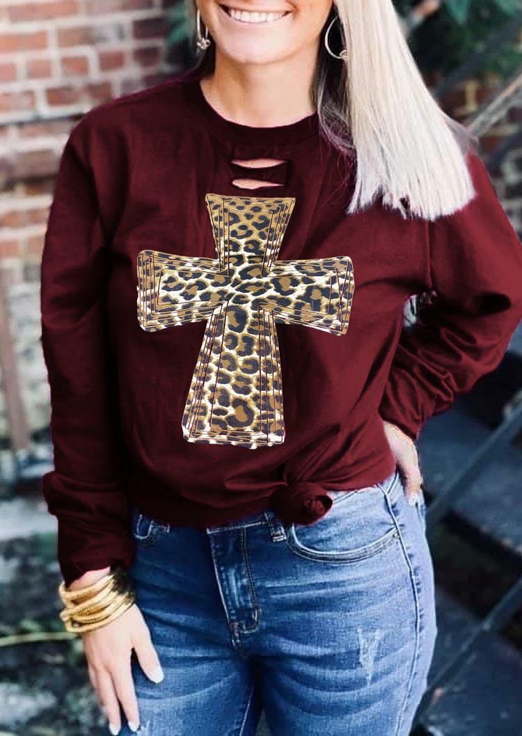 

Leopard Cross Hollow Out Pullover Sweatshirt - Burgundy, 490107