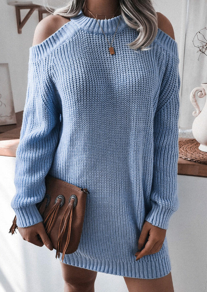 

Knitted Cold Shoulder Long Sleeve Sweater - Blue, 490114
