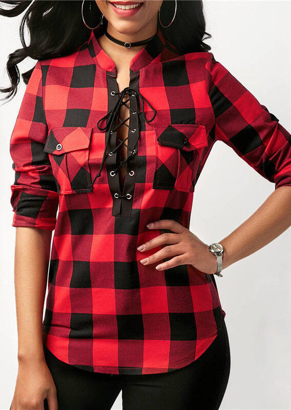 

Buffalo Plaid Lace up Pocket Asymmetric Shirt - Red, 490142