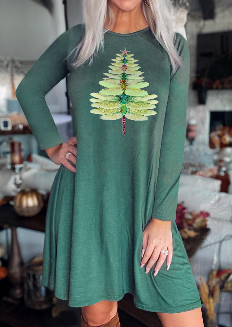 

Christmas Tree Dragonfly O-Neck Mini Dress - Green, 490164