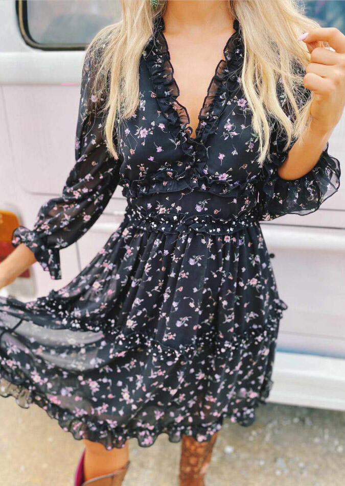 

Floral Ruffled V-Neck Long Sleeve Mini Dress - Black, 490173