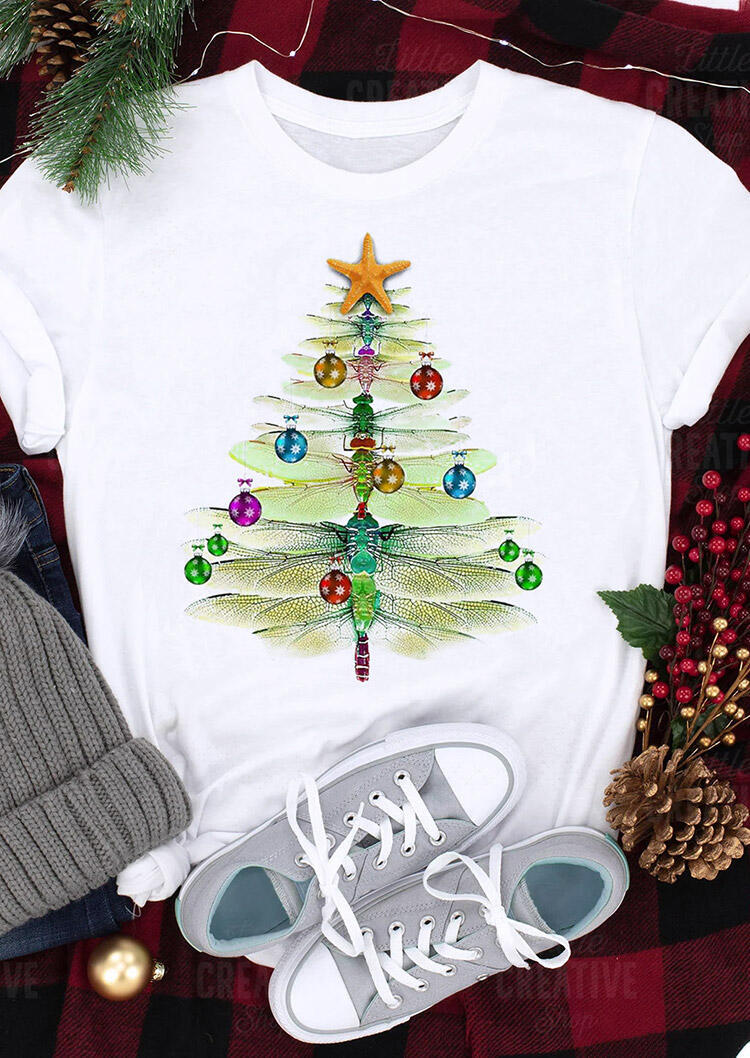 

Christmas Tree Dragonfly O-Neck T-Shirt Tee - White, 490174