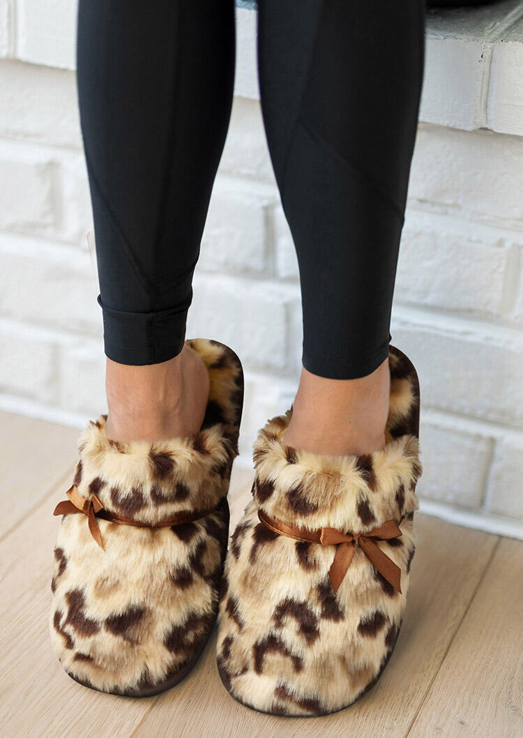 

Leopard Bowknot Warm Plush Indoor Slippers, 490064