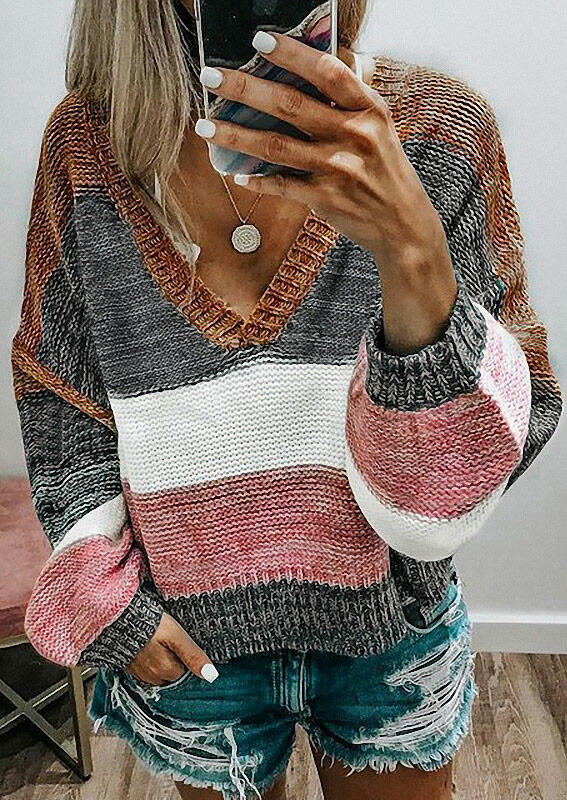 

Color Block V-Neck Drop Shoulder Sweater, Multicolor, 490121