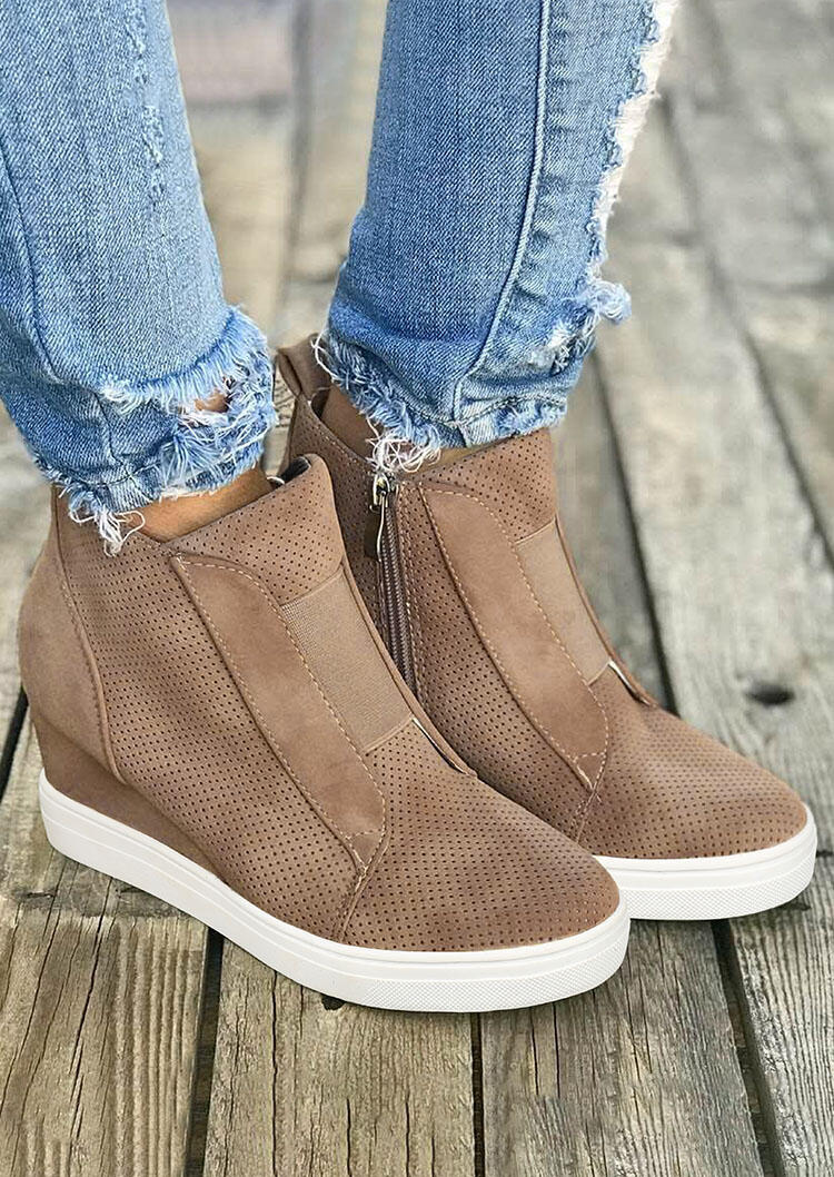 

Preforated Zipper Elastic Band Wedged Heel Sneakers - Light Coffee, 490177