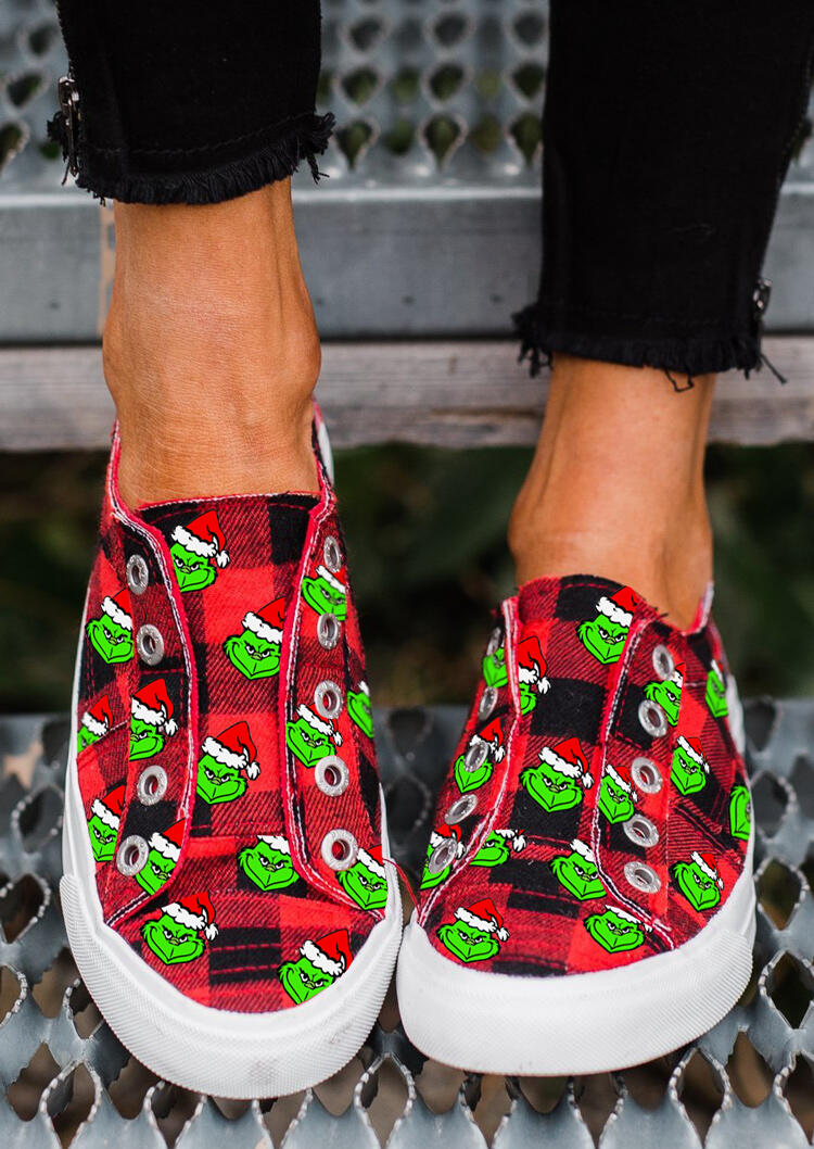 

Christmas Hat Grinch Buffalo Plaid Slip On Flat Sneakers - Red, 490194