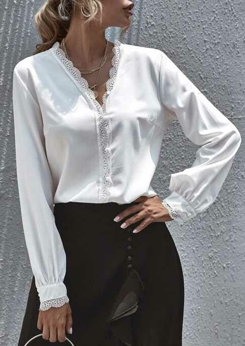 Lace Splicing V-Neck Blouse - White, 490195