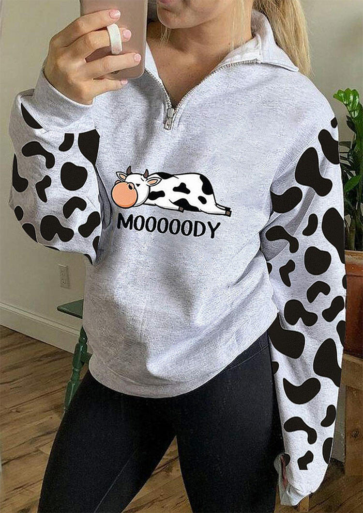 

Mooooody Lazy Cow Zipper Collar Pullover Sweatshirt - Light Grey, 490272