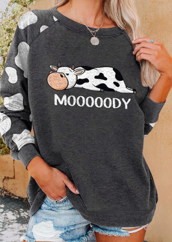 

Cow Mooooody O-Neck Pullover Sweatshirt - Dark Grey, 490273