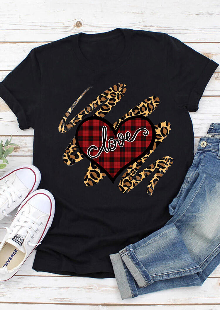 

Leopard Buffalo Plaid Love Heart T-Shirt Tee - Black, 490276