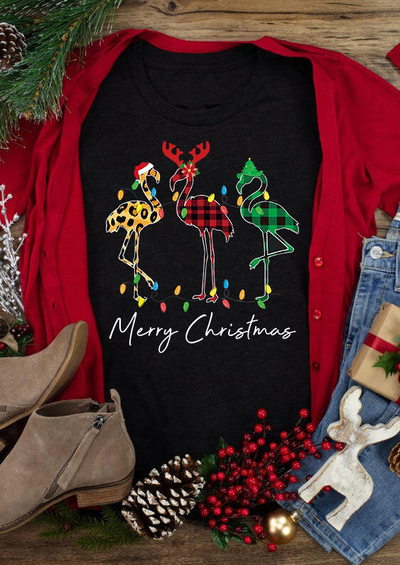 

Merry Christmas Leopard Buffalo Plaid Flamingo T-Shirt Tee - Black, 490280