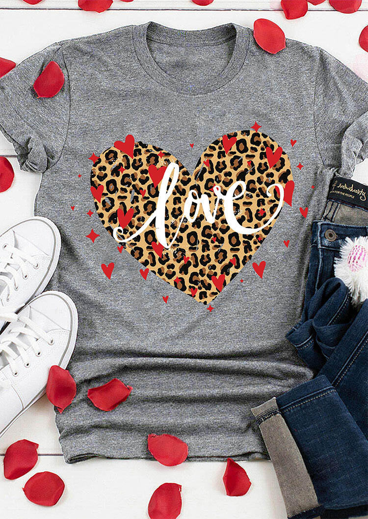 

Leopard Heart Love T-Shirt Tee - Gray, 490281