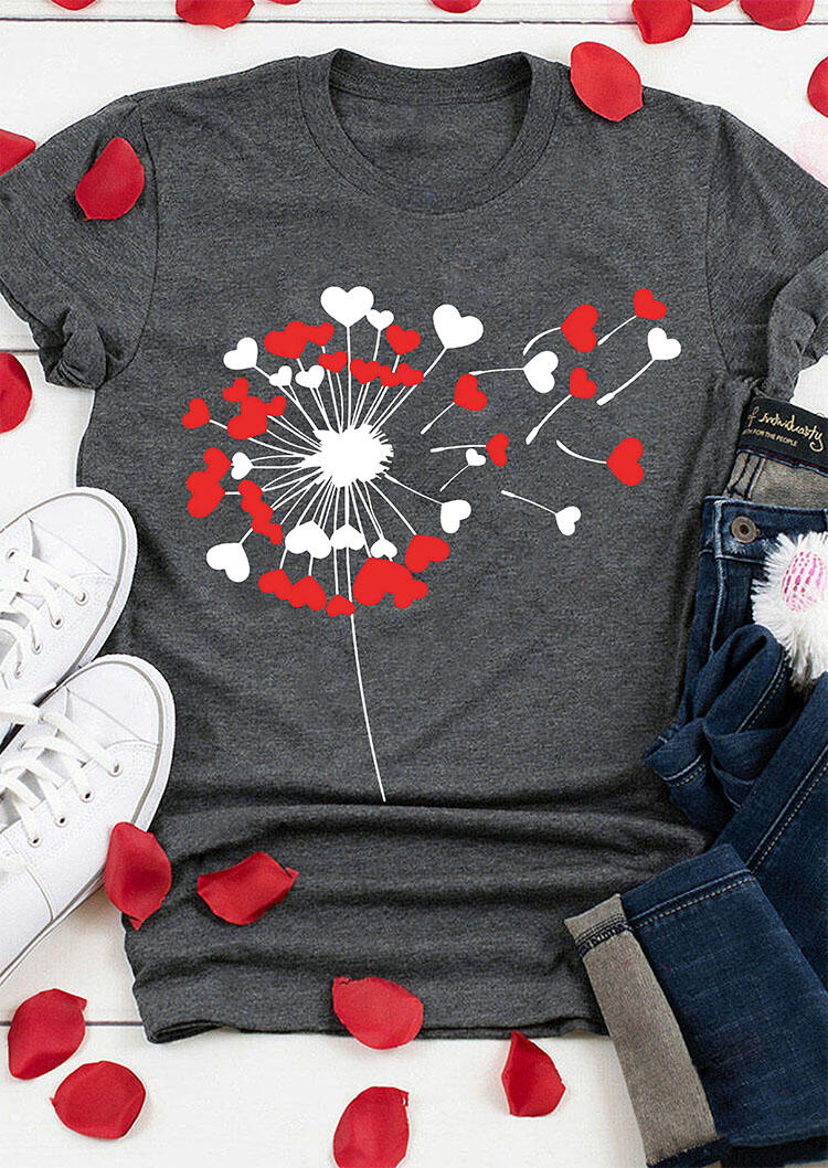 

Love Heart Dandelion O-Neck T-Shirt Tee - Gray, 490287
