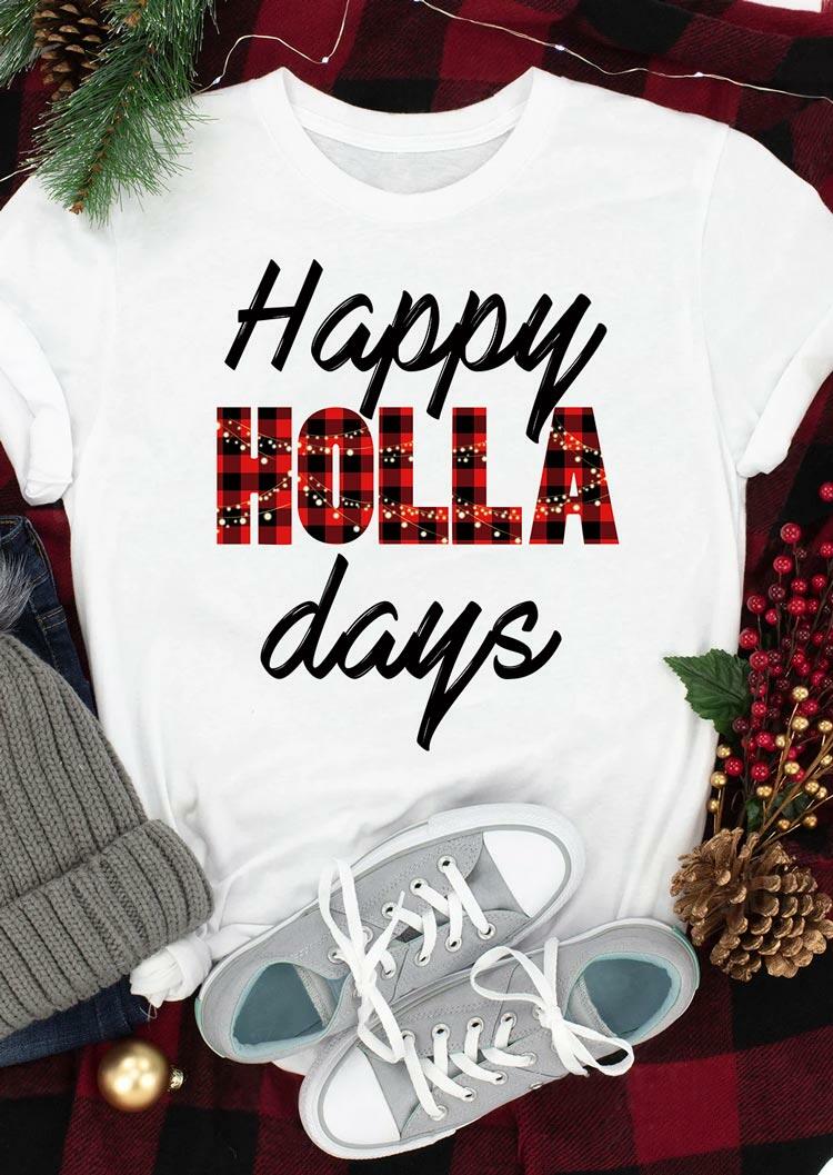 

Christmas Happy Holla Days Buffalo Plaid T-Shirt Tee - White, 490305