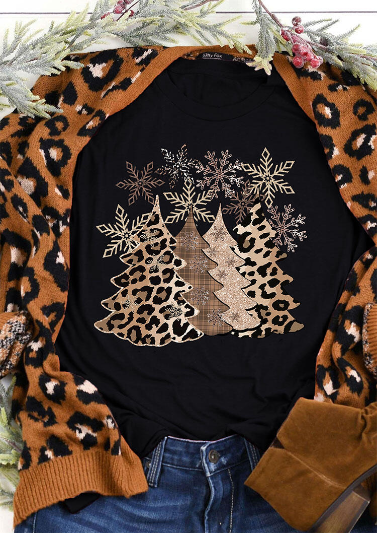 

Leopard Christmas Tree Snowflake Merry And Bright T-Shirt Tee - Black, 490332