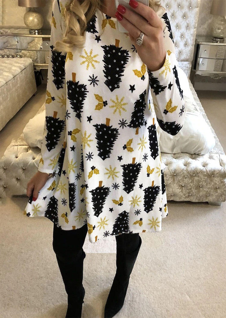 

Christmas Tree Snowflake Star Long Sleeve Mini Dress - White, 488177