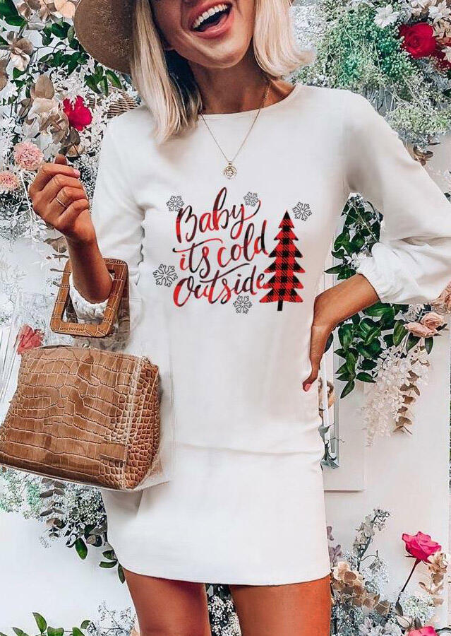 

Christmas Plaid Tree Snowflake Baby It's Cold Outside Mini Dress - White, 488553