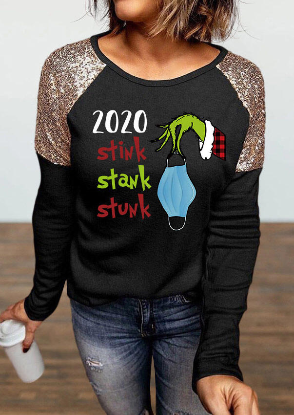 

2020 Stink Stank Stunk Grinch Hand Sequined Splicing Blouse - Black, 490268