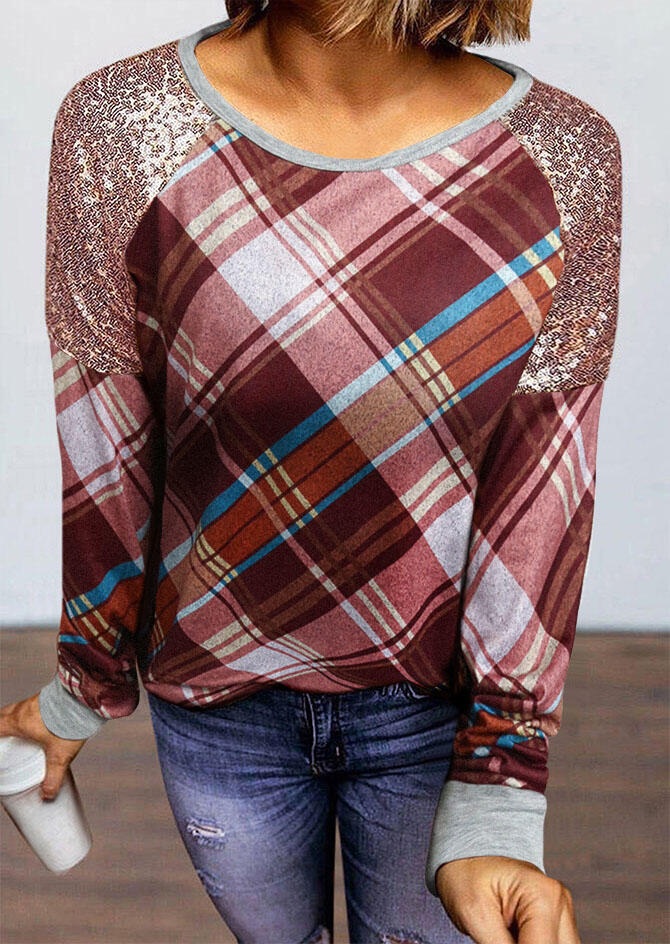 

Plaid Sequined Splicing Long Sleeve Blouse, 490306