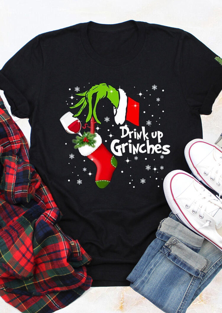 

Christmas Sock Wine Glass Drink Up Grinches T-Shirt Tee - Black, 490351
