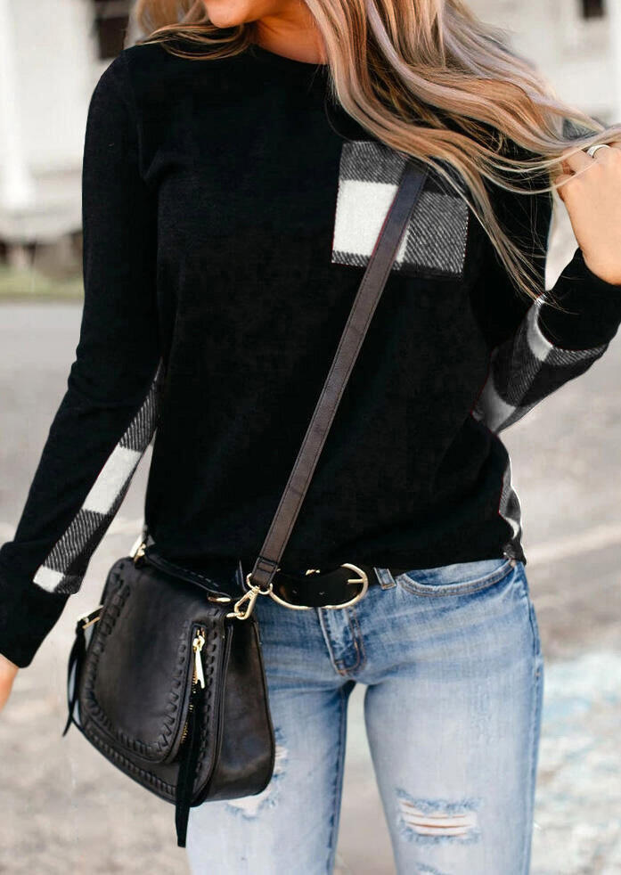 

Plaid Splicing Pocket Long Sleeve Blouse - Black, 490394