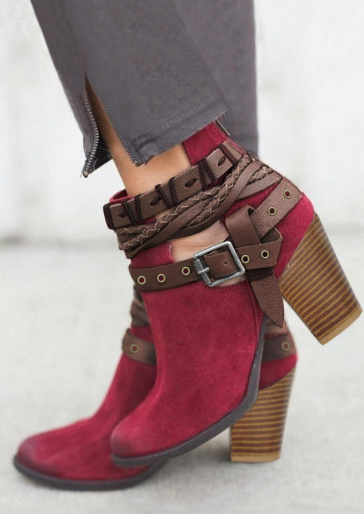 

Round Toe Chunky Heel Buckle Strap Ankle Boots - Burgundy, 490395