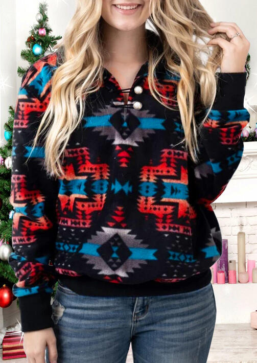

Aztec Geometric Western Rhombus Button Pullover Sweatshirt, Multicolor, 484676