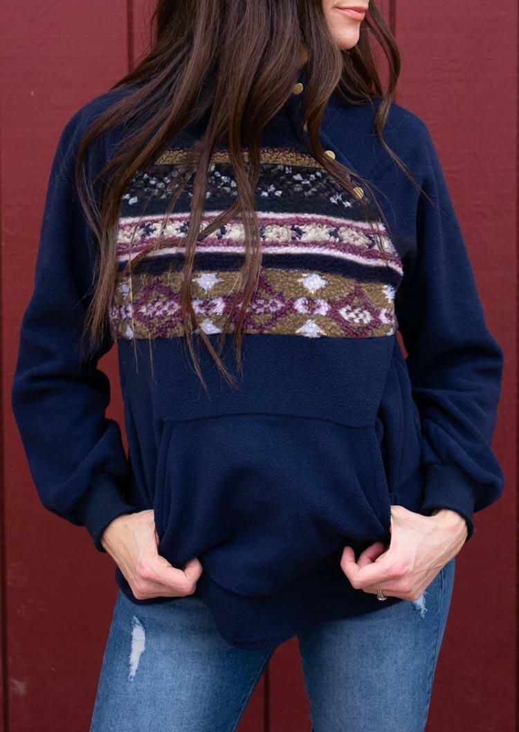 

Aztec Geometric Kangaroo Pocket Snap Button Blouse - Navy Blue, 486061