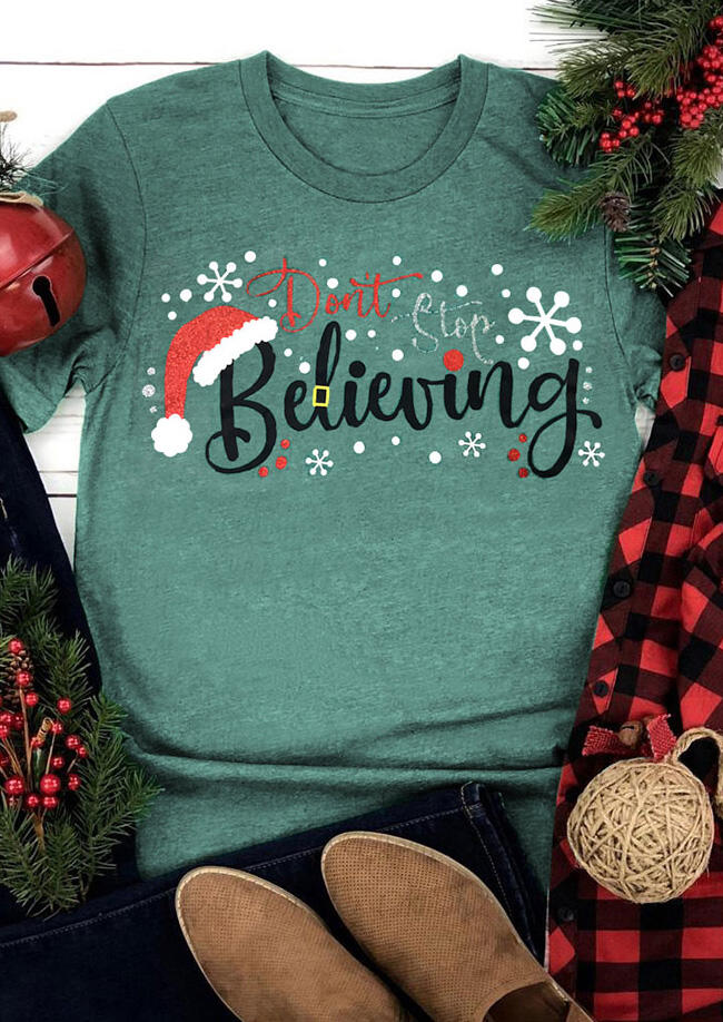 

Christmas Snowflake Don't Stop Believing T-Shirt Tee - Green, 487179