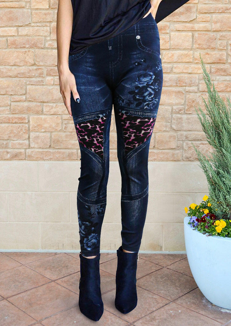 

Leopard Floral Stretchy Elastic Waist Leggings - Blue, 489505