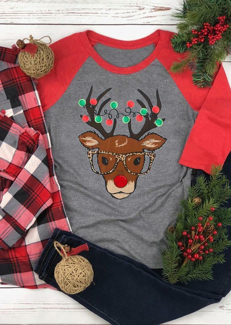 

Christmas Reindeer Leopard Glasses O-Neck T-Shirt Tee - Red, 490298