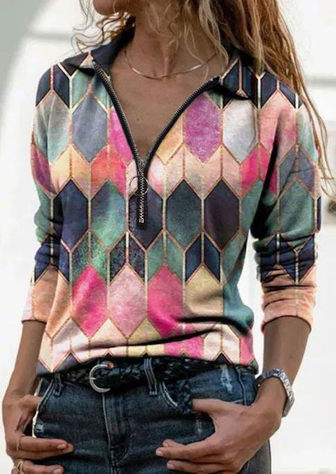 

Colorful Geometric Zipper Collar Long Sleeve Blouse, Multicolor, 490378
