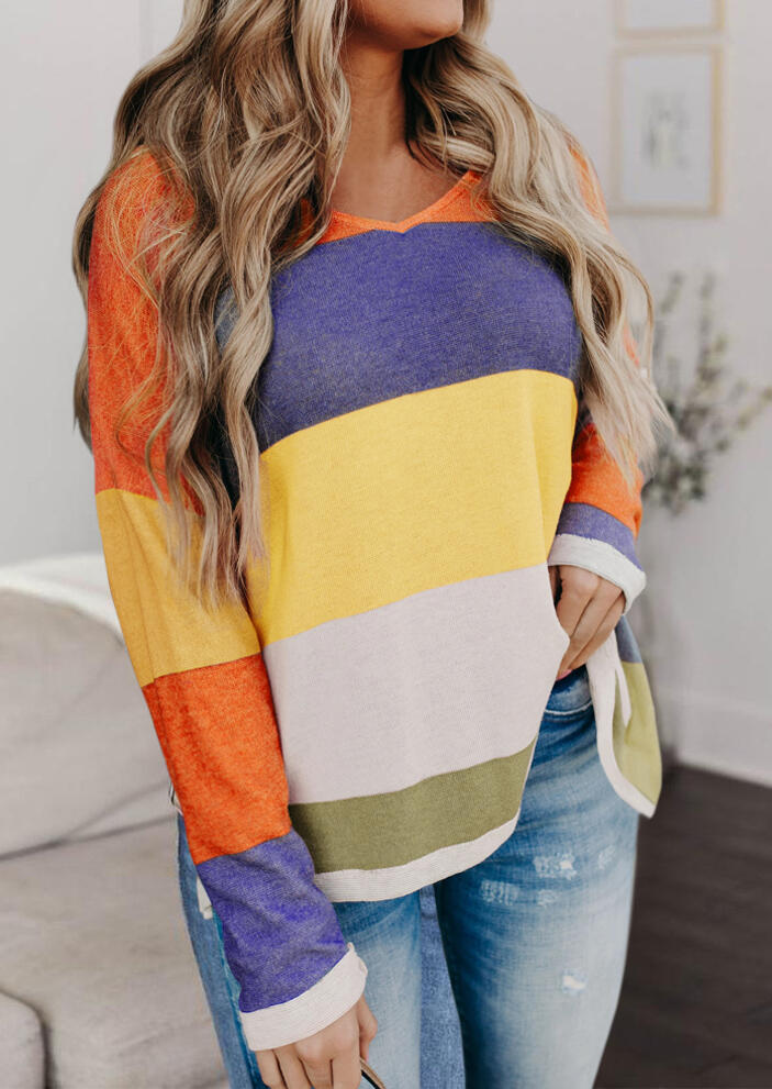 

Colorful Striped Color Block V-Neck Blouse, Multicolor, 490380