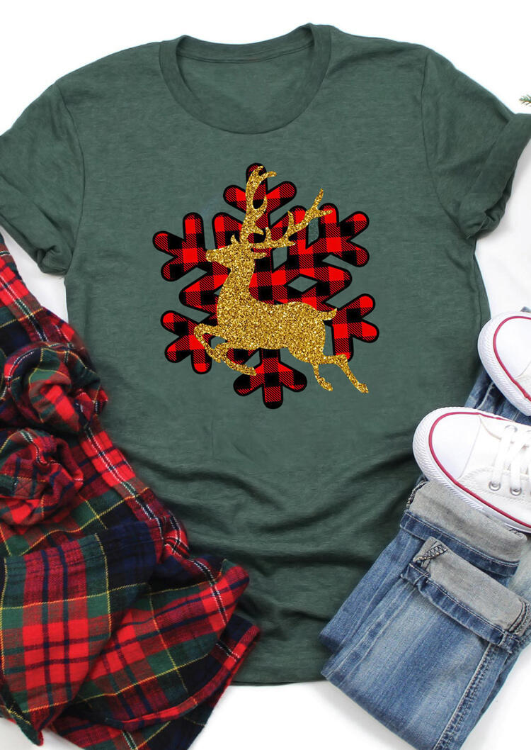 

Christmas Plaid Snowflake Reindeer T-Shirt Tee - Green, 490418