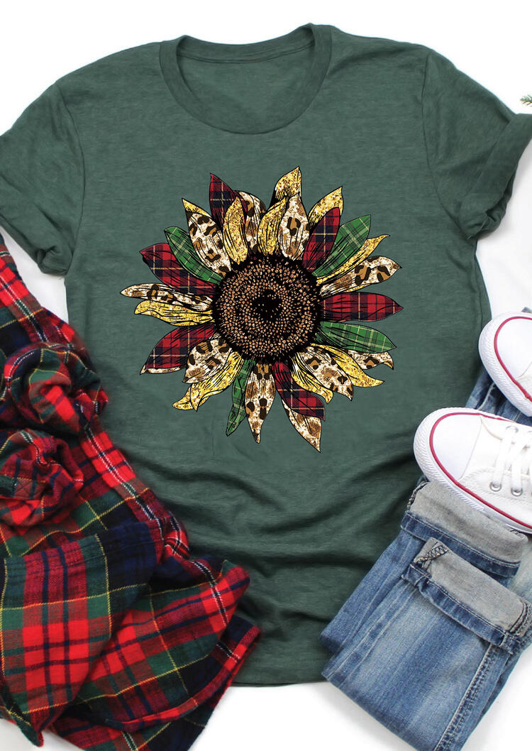 

Leopard Plaid Sunflower O-Neck T-Shirt Tee - Green, 490420