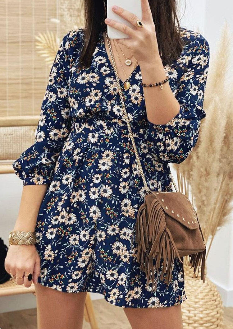 

Floral Ruffled Zipper V-Neck Mini Dress, Multicolor, 490434